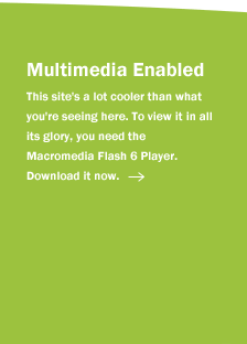 Multimedia Enabled This site's cooler than what you're seeing here. To view it in all its glory, you need the Macromedia Flash 6 Player. Download it now.